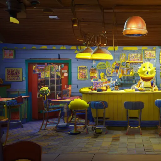 Image similar to hyperrealistic!! spongebob!! eating at the krusty krab, stunning 3 d render inspired by stephen hillenburg, perfect symmetry, dim volumetric cinematic lighting, 8 k octane comprehensive render, extremely hyper - detailed attributes & atmosphere, intricately proportional, realistic flesh texture, masterpiece, artstation, stunning,