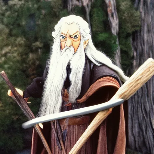 Image similar to gandalf from the anime lord of the rings (1986), holding a wooden staff, studio ghibli, very detailed, realistic