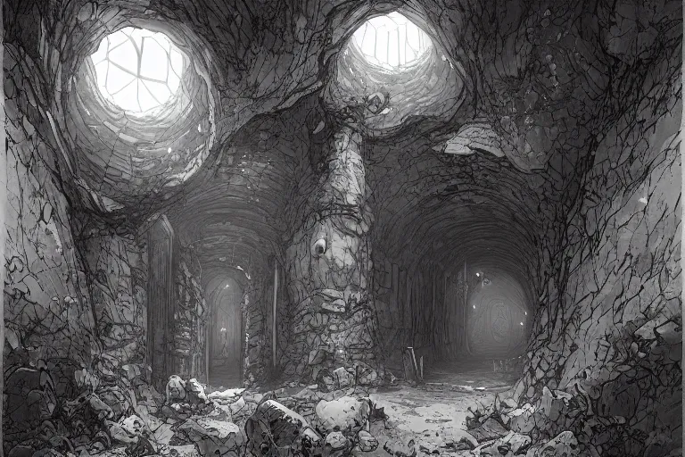Prompt: black and white one point perspective hellscape dungeon cozy fantasy dungeon hallway view with pit in the middle of the ground by artgerm and Craig Mullins, James Jean, Andrey Ryabovichev, Mark Simonetti and Peter Morbacher 16k