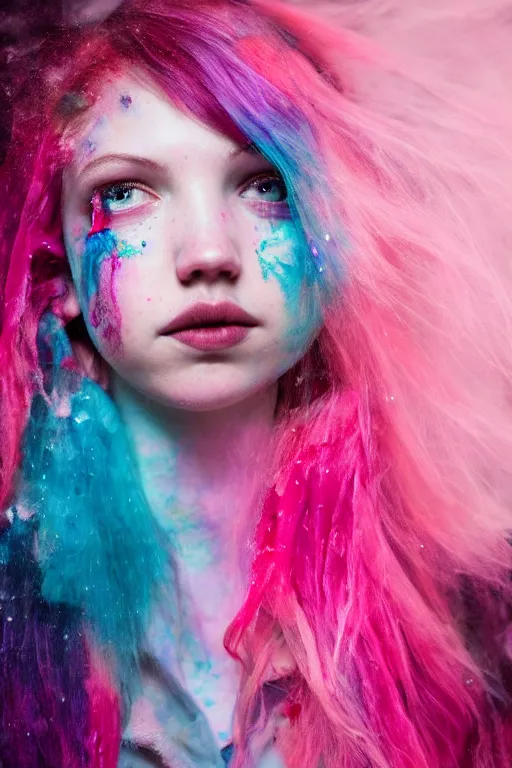 Prompt: dramatic lighting photo of a beautiful young woman, hannah murray as delirium of the endless with cotton candy hair. paint splashes. moody and melancholy. with a little bit of cyan and pink,