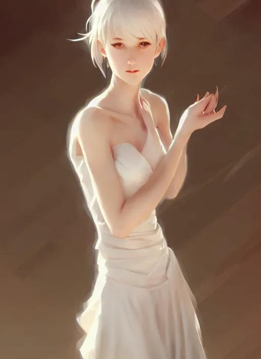 Image similar to a girl with elegant white dress, digital art by krenz cushart, laurie greasly, wlop, artgerm, intricate, ( highly detailed figure ), sharp focus, smooth, epic composition, joyful, unreal engine