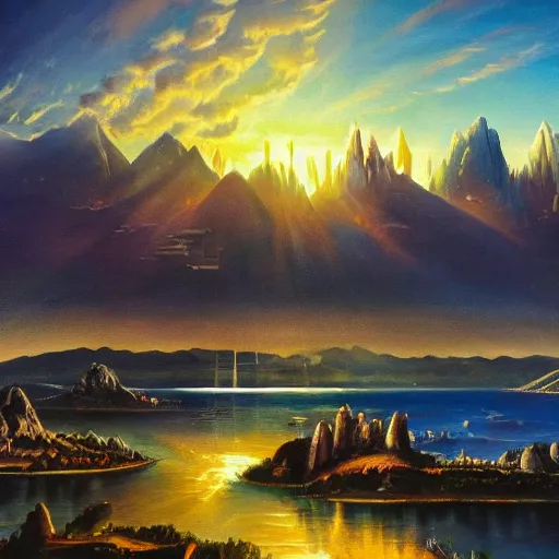 Prompt: a landscape with mountains, a lake and clouds at sunset, a futuristic city and spaceships plying the sky, oil painting