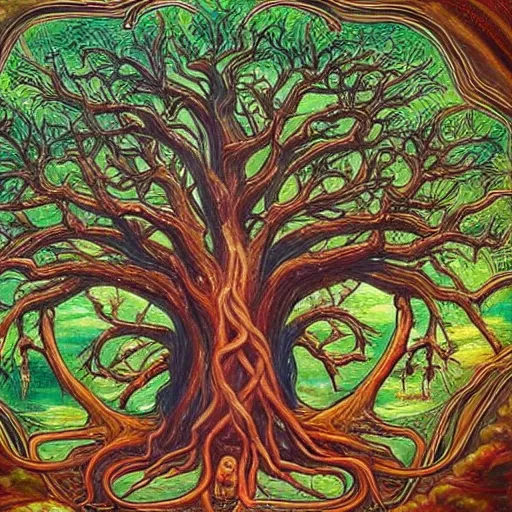 Image similar to A 100 year old ancient huge glowing tree of life, fantasy painting, lots of detail