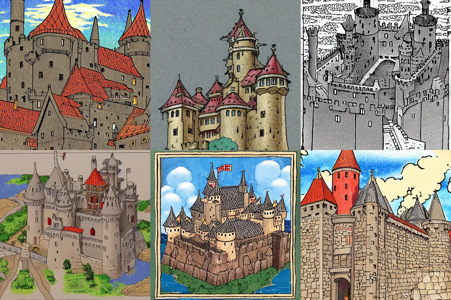 Prompt: medieval castle, colored, by Hiromu Arakawa