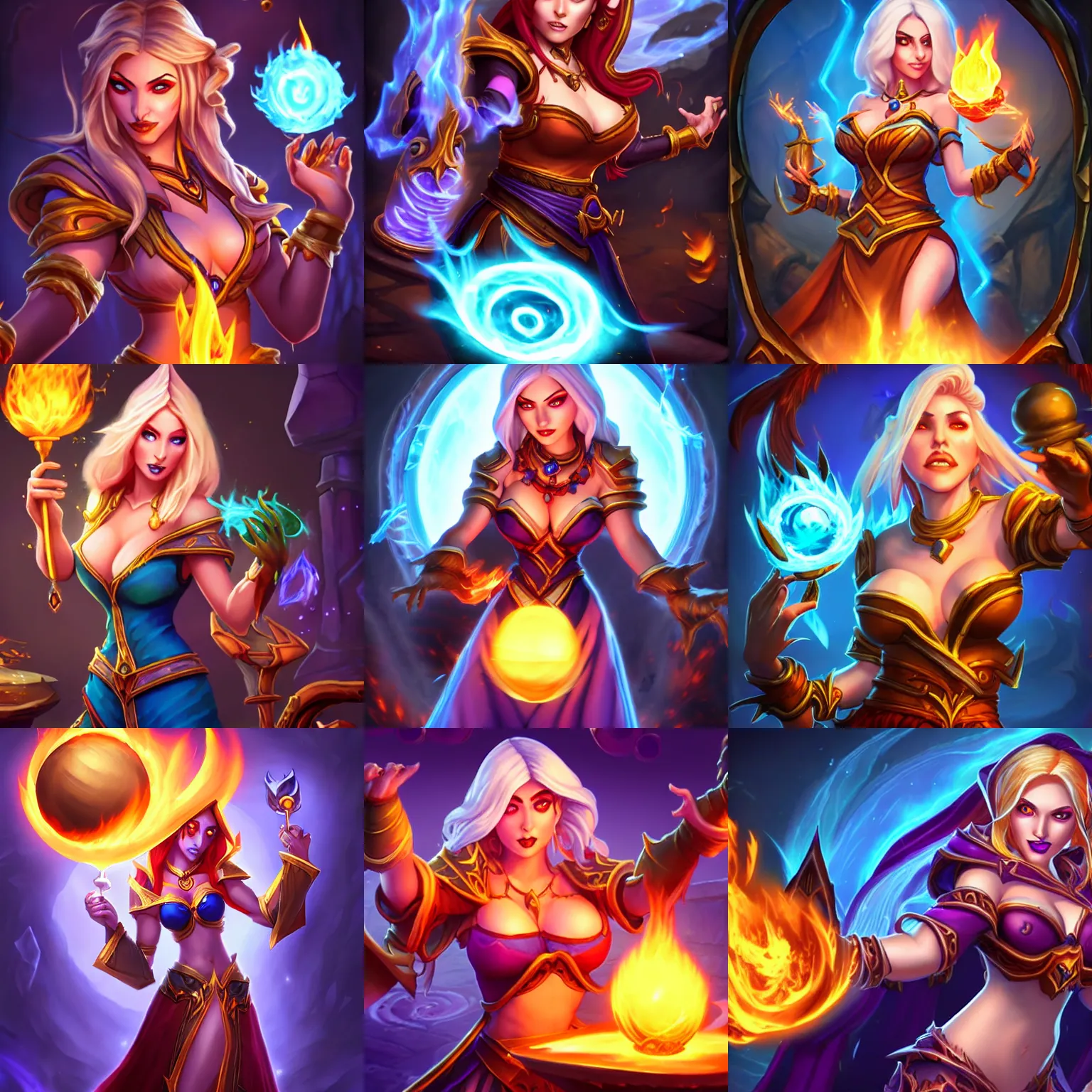 Prompt: a sorceress casting a fire ball, Hearthstone official splash art, small waist, wide hips, busty, full body, large breasts, small head
