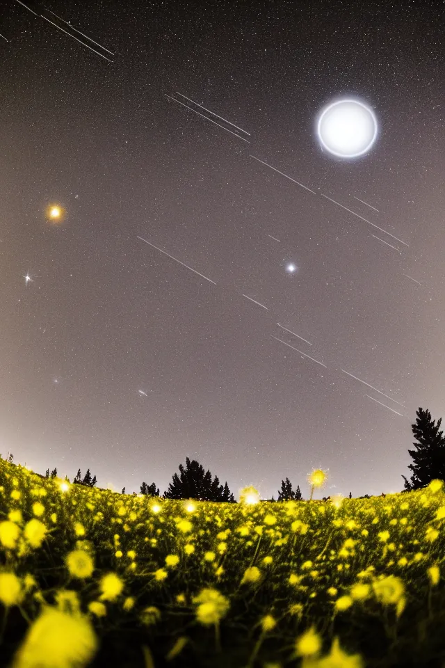 Prompt: low angle, shot from below. two very large moons in night sky. milky way in the night sky. leonids meteor shower. field of big frozen yellow flowers. f 1. 8 lens, lens flare, bokeh. long exposure. high detail