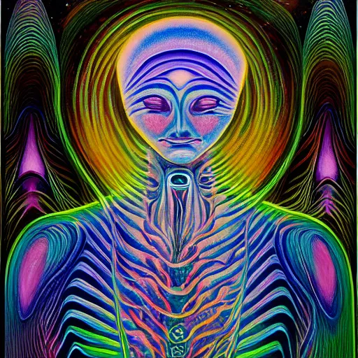 Prompt: painting of a tranquil alien made of galaxy and space meditating in dense forest by alex grey, acrylic art, ethereal, soothing, somber, elegant, warm light, cozy