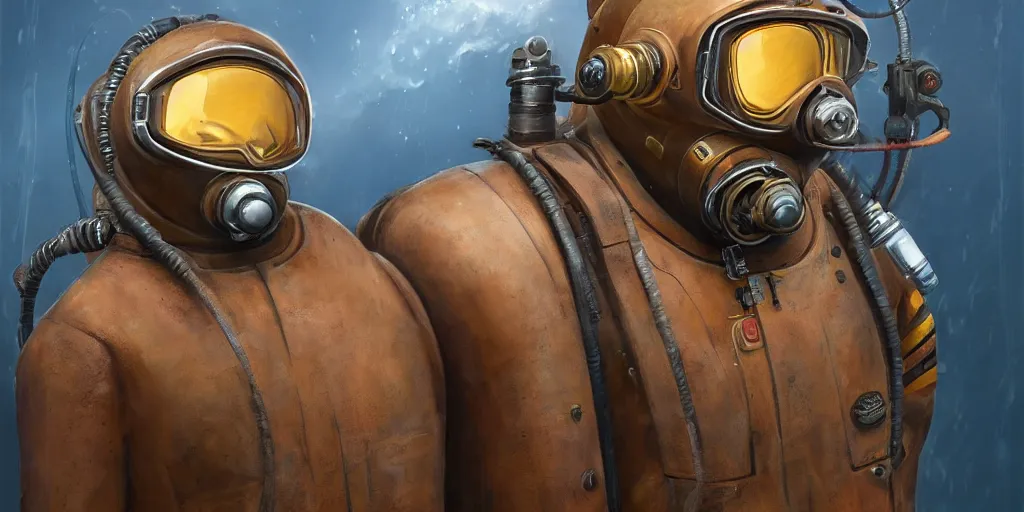 Image similar to highly detailed portrait painting of welder stallone in atmospheric diving suit, by eddie mendoza and tyler edlin, windows, 8 k resolution