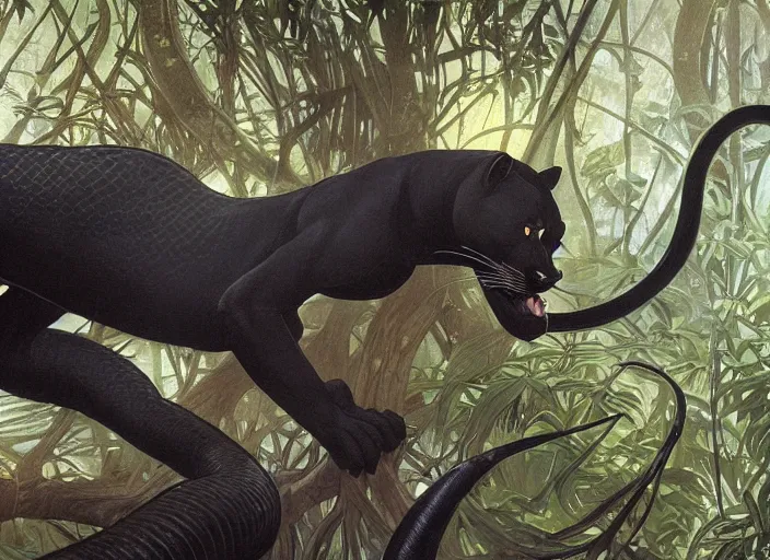 Image similar to animal concept of a black panther melanistic deep black leopard killing a snake, hunting an anaconda, on Singaporean forest tree, jungle, accurately portrayed, portrait art by alphonse mucha and greg rutkowski, highly detailed, digital painting, concept art, illustration, dim lighting with twilight rays of sunlight, trending on artstation, very detailed, smooth, sharp focus, octane render, close up