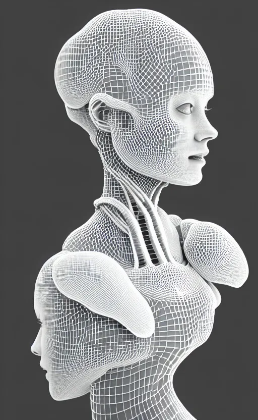 Image similar to complex 3d render of a beautiful porcelain profile woman face, vegetal dragon cyborg, 150 mm, beautiful natural soft light, rim light, silver details, magnolia leaves and stems, roots, fine lace, maze like, mandelbot fractal, anatomical, facial muscles, cable wires, microchip, elegant, highly detailed, white metallic armour, octane render, black and white, H.R. Giger style