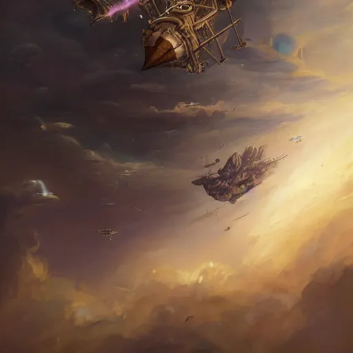 Image similar to a painting of a large steampunk airship fighting another airship in the sky, by charlie bowater, 4 k