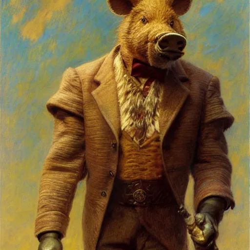 Image similar to a male boarman boar man wearing a suit furry arms furry body walking stick new york. furaffinity furry art detailed face painting by gaston bussiere craig mullins jc leyendecker gustav klimt artgerm greg rutkowski furry