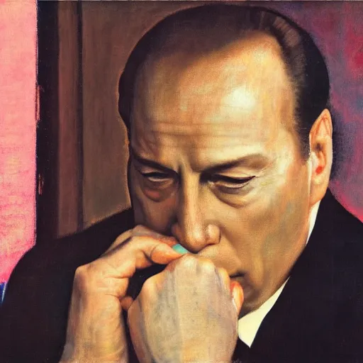 Prompt: close up of silvio berlusconi, film still by edward hopper, by Pontormo, by klimt, art noveau, highly detailed, strong lights, liminal, eerie, Bright pastel colors