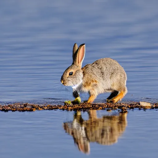 Image similar to a rabbit eating edelweiss on a mountain lake, close - up shot