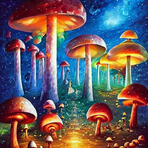 Prompt: glowing mushroom village, art by ricardo bofill, james christensen, rob gonsalves, paul lehr, leonid afremov and tim white