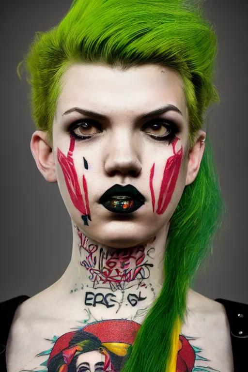 Image similar to upper body portrait hannah murray as a punk woman with green mohawk, covered in neotraditional style tattoos, wearing a bold tees shirt, fishnets and a long tartan skirt, intimidating, max details, hyperrealistic, photorealistic, ultra - realistic, ultra - detailed, cinematic, 8 k resolution by alan lee