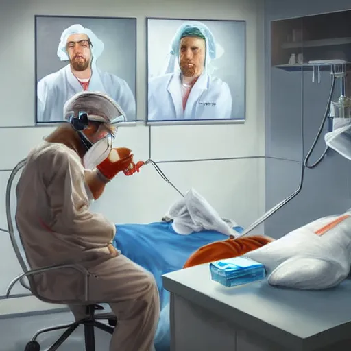 Image similar to surgeon in operation room smoking a bong, photorealistic painting, fanart, concept art, highly detailed