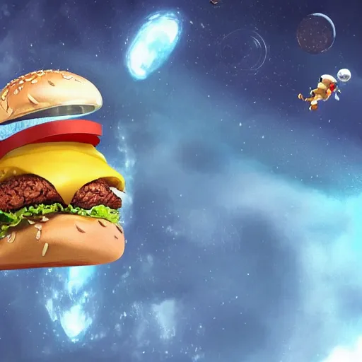 Prompt: a humanoid chicken!!!!! astronaut eating a burger while floating inside of a space station, golden ratio!!!!!, centered!!!!!, trending on artstation, cgsociety contest winner, 4 k quality, digital art, anime style, studio ghibli!!!!!