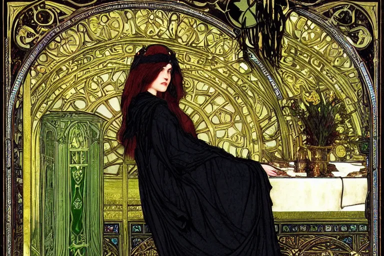 Prompt: a beautiful sorceress wearing a black robe with gold embroidery, sitting at table, casting a spell, green glows, painted by john williams waterhouse and alphonse mucha, in the style of magic the gathering, highly detailed digital art