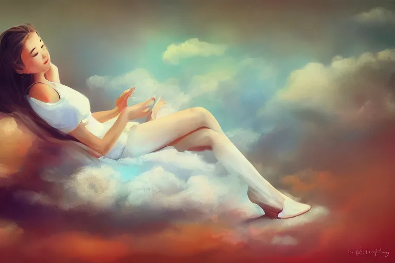 Image similar to a cute beautiful girl sitting on a cloud relaxing, digital painting, portrait