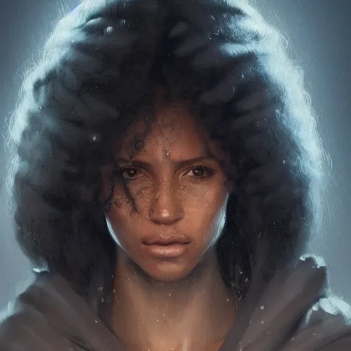 Image similar to portrait of a woman by greg rutkowski, youn jedi knight, black, afro hair, prettt, star wars expanded universe, she is about 2 0 years old, wearing jedi robes, highly detailed portrait, digital painting, artstation, concept art, smooth, sharp foccus ilustration, artstation hq