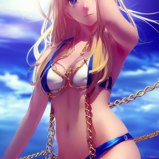 Image similar to a very beautiful young yuuki asuna, full body, long wavy blond hair, sky blue eyes, full round face,, shiny golden bikini, hands in chains, miniskirt, front shot, highly detailed, cinematic wallpaper by stanley artgerm lau