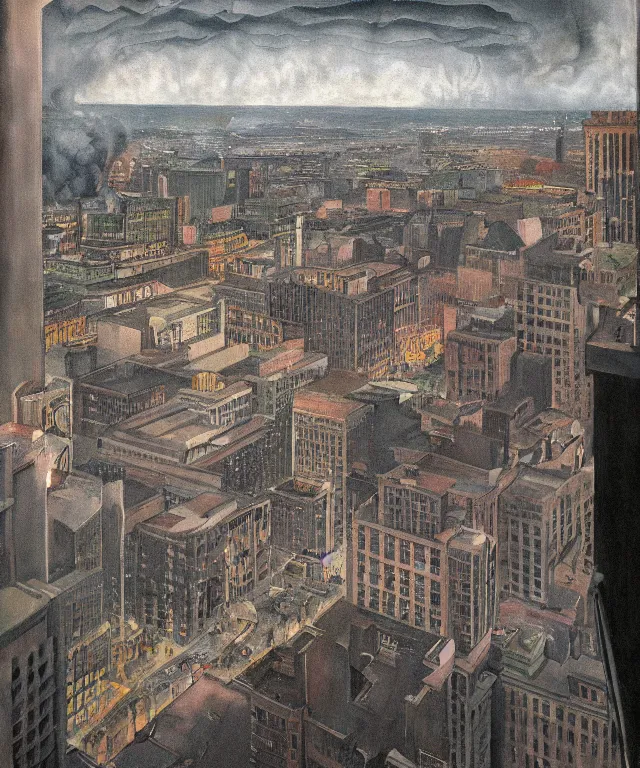 Image similar to horrifying full color photorealistic painting of the view from a 1 9 2 5 hotel terrace balcony overlooking a warped view of downtown 1 9 2 5 boston with a cosmic sky, dark, atmospheric, brooding, smooth, finely detailed, cinematic, epic, in the style of dave dorman