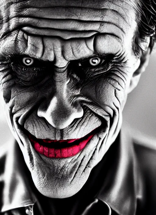 Prompt: photo of Willem Dafoe as the Joker by Lee Jeffries, smiling, detailed, award winning, Sony a7R