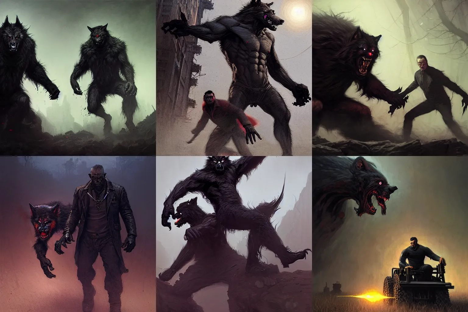 Prompt: A werewolf and a preacher in black with a short haircut and widows peak driving a small red bulldozer, marvel, dark, intricate, highly detailed, smooth, artstation, digital illustration by Ruan Jia and Mandy Jurgens and Artgerm and Wayne Barlowe and Greg Rutkowski and Zdislav Beksinski