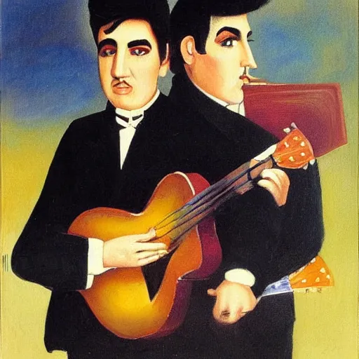 Image similar to elvis and marcel proust jamming together in paris, 1 9 2 2, oil painting,