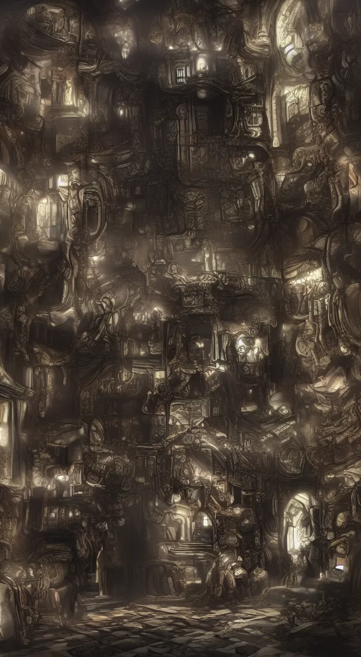 Image similar to hyperdetailed baroque, warhammer 40k, Space Marine Primarch Standing in Light Shaft, walls embedded with circuitry and wires, smoke from vents in walls, plugs, hoses, ventilation, night scene, hyperrealism, octane render, defuse light, high detail, 8k, photo realistic , hr giger, establishing
