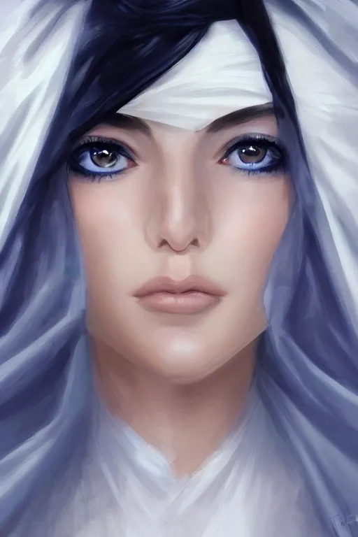 Prompt: Ameera al-Taweel, blue eyes, long wavy black hair, , white veil, closeup, focus face, elegant, highly detailed, centered, digital painting, artstation, concept art, art by artgerm