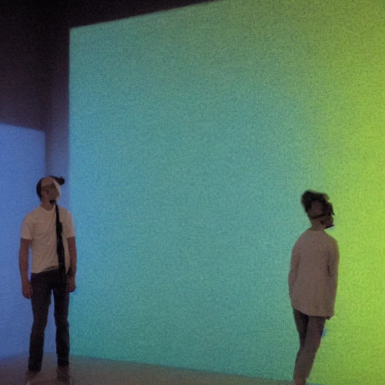 Prompt: fluxus performance of'blue and green'gradient colors light projection onto a few giant smiling human heads in a cramped art gallery, high contrast hyperrealism trending on arstation 8 k