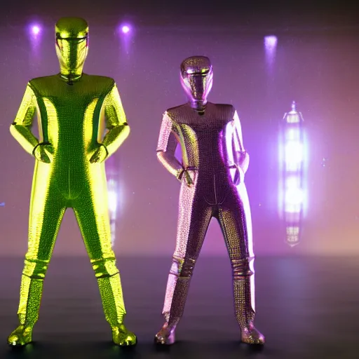 Image similar to 3 d rendered movie still saturday night fever wearing futuristic spacesuits.. 4 k, hyperrealistic, ue 5, ocatane, artgem, dramatic lighting.