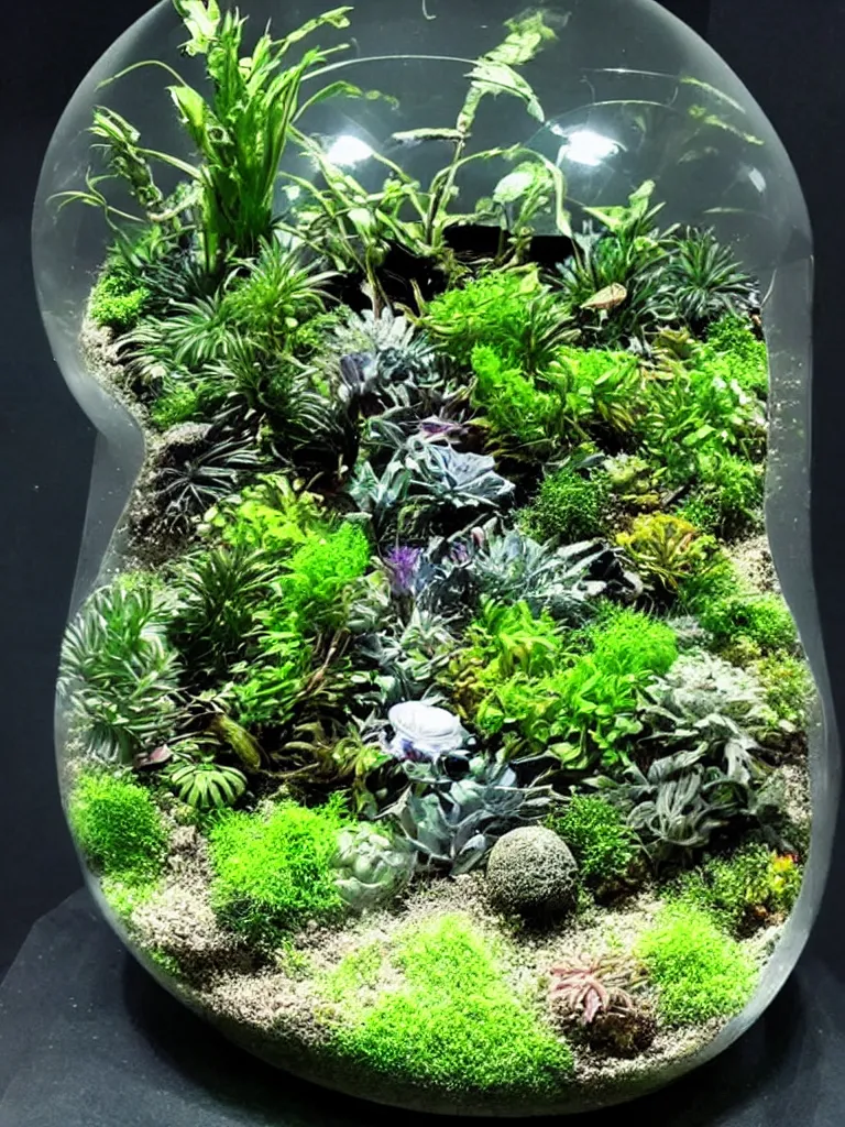 Image similar to terrarium with plants from a differen alien planet. weird colours. sci - fi. futuristic. alien. holographic, beautiful, ethereal