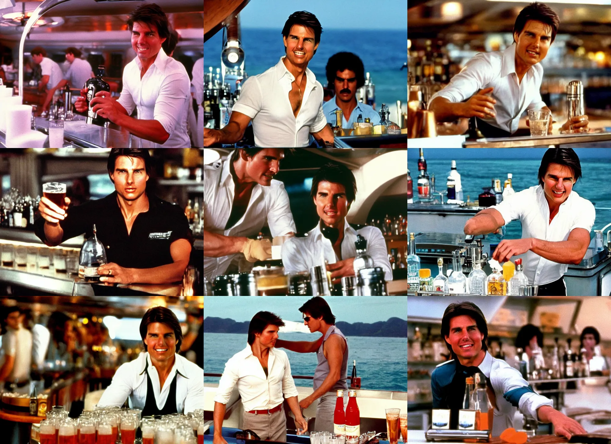 Prompt: tom cruise working as a bartender on the love boat, 1 9 8 0, ocean background