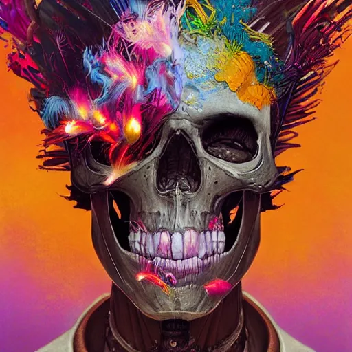 Prompt: art portrait of skeleton with colorful feathers exploding out of head,8k,by tristan eaton,Stanley Artgermm,Tom Bagshaw,Greg Rutkowski,Carne Griffiths,trending on DeviantArt,face enhance,hyper detailed,minimalist,full of colour