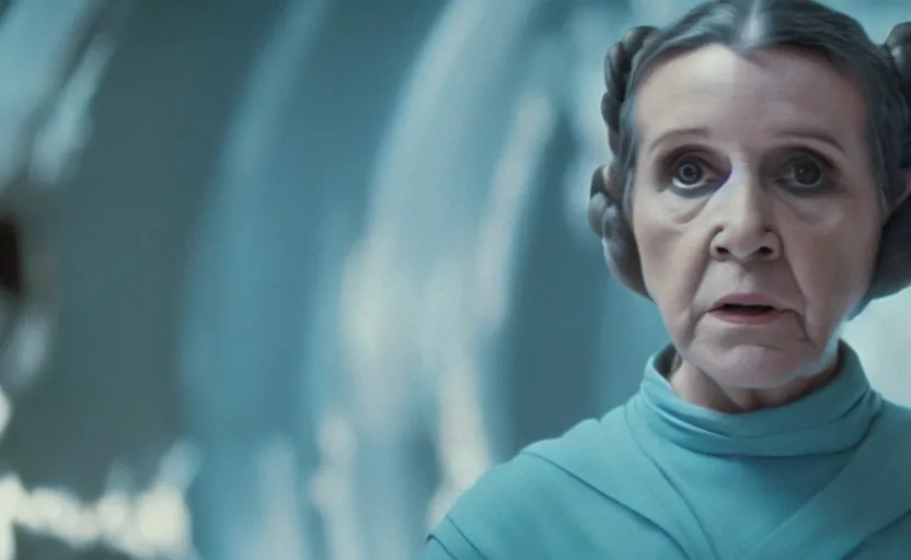 Image similar to screenshot portrait of Princess Leia alone in a teal Temple scene from the last jedi, 1980s film by Stanley Kubrick, 4k serene, iconic , photoreal portrait Carrie fischer, detailed face, moody lighting stunning cinematography, hyper detailed, sharp, anamorphic lenses, kodak color film