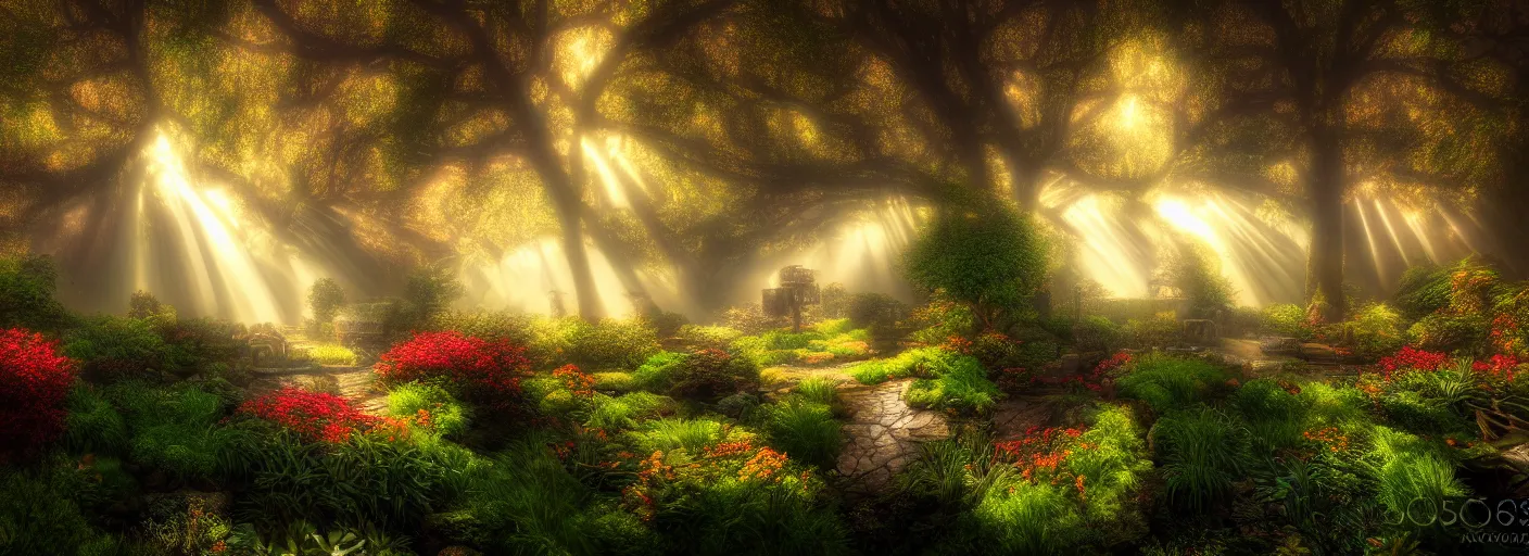 Image similar to photograph of enchanted garden, mist with rays of light by marc adamus, highly detailed, intricate detail, cinematic lighting, 8 k,