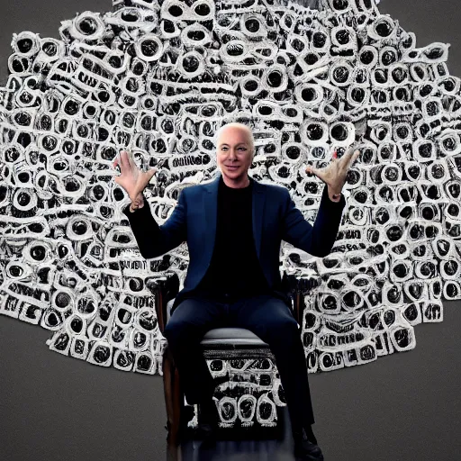 Prompt: jeffrey bezos sitting on a throne made of skulls, brutal, professional photography, artistic cinematography, ultra detailed, backlighting, sinister, laughing, mist, beautiful, 8k, lovely, trending, clear