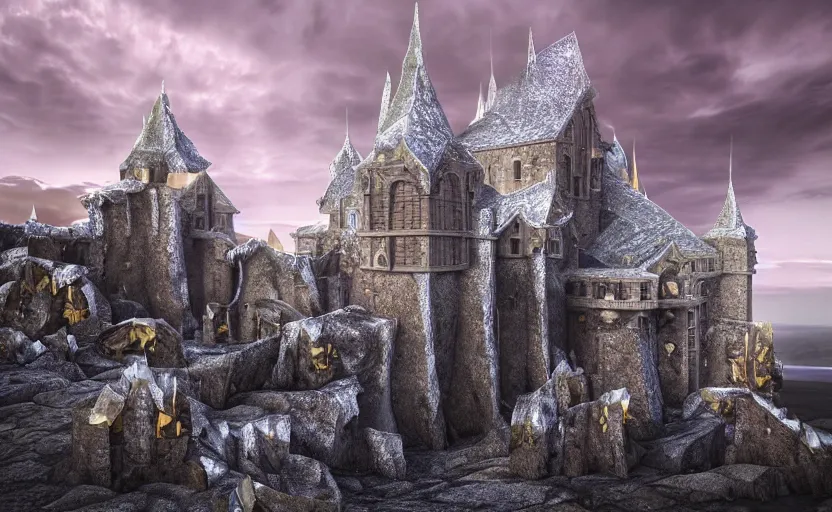 Image similar to medieval baroque castle made of crystal shards, epic landscape, iceland photography, cinematic, octane render, 8 k, art station, dramatic lighting, beautiful dusk sky, concept art, rococo, photo realistic, intense detail