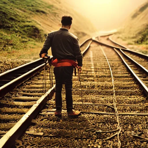 Prompt: justin sun tied to train tracks, bound in rope and chains, beautiful cinematic lighting, epic composition, approaching train headlight