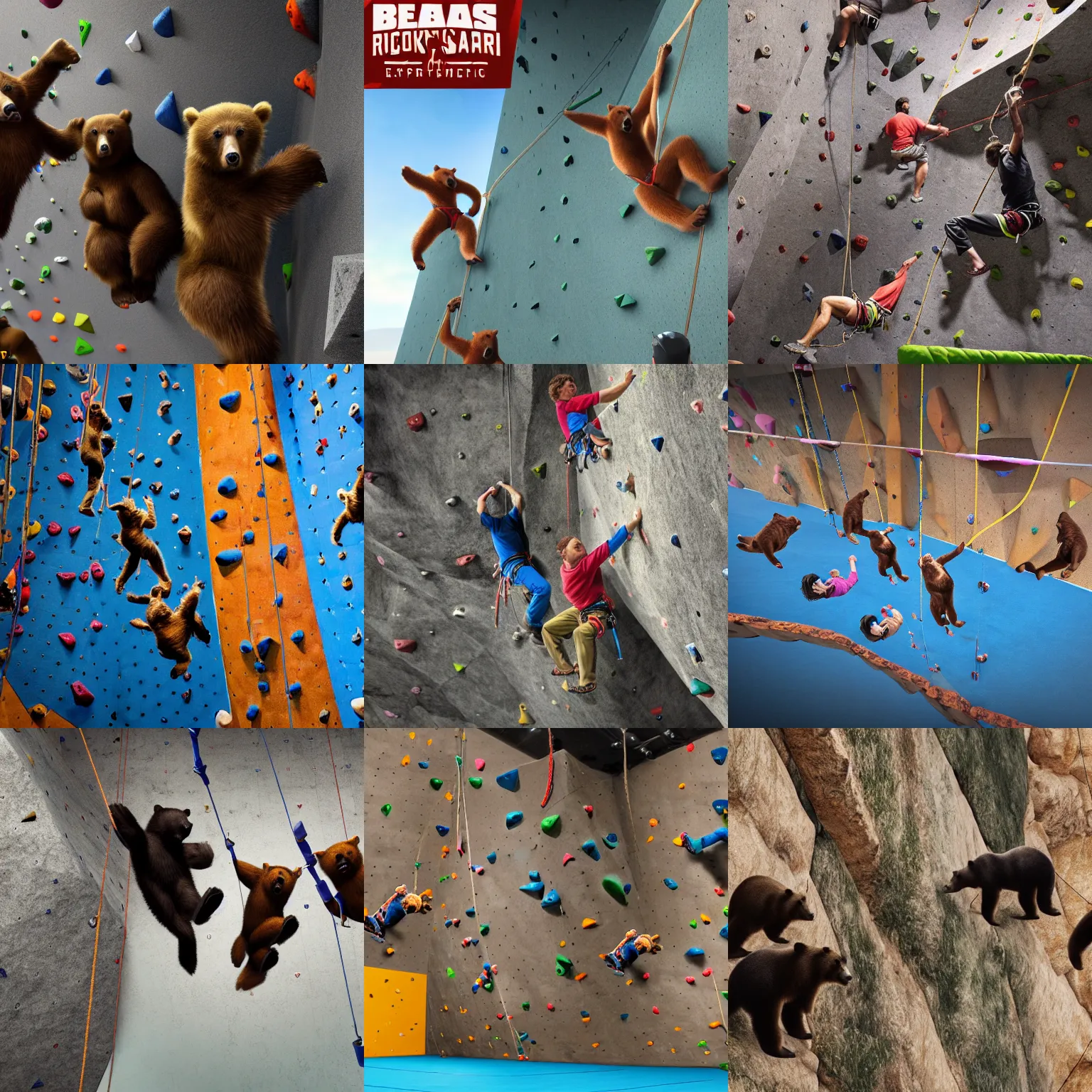 Prompt: high quality cinematic photo of a bunch of bears in a top rope competition at a rock climbing gym, hyper realism, high detail, vibrant, octane render, 8k