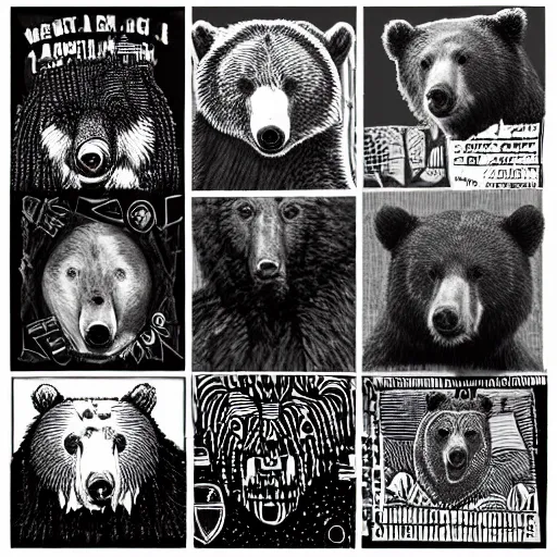 Image similar to Collage, vivid sound by Radiohead, bears, bears, modified bear, despot bears, ultra detailed, Tchock, by Tchock, by Stanley Donwood