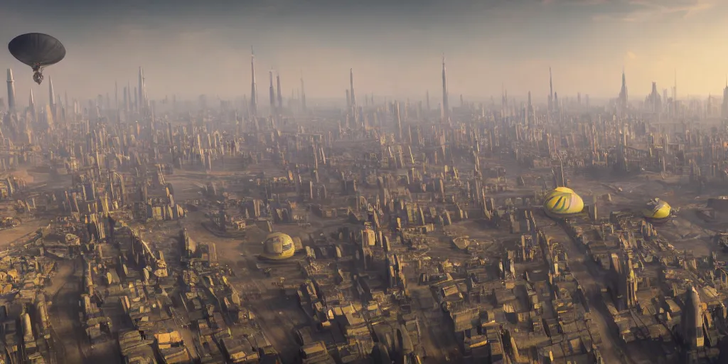 Prompt: a city that looks like coruscant, with a yellow green smog sky, cinematic lighting, blimps, power plants, factories, tall metal towers, muddy landscape in the distance, hd 4k photo