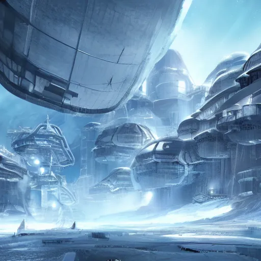 Prompt: industrial futuristic ice mine, with spaceships in the sky, cinematic, epic, 4 k, concept art by feng zhu