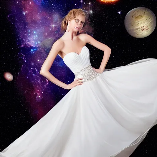 Prompt: beautiful cosmic wedding dress, white background, space print