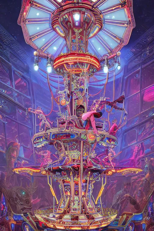 Image similar to ethereal cybernetic empress tsarina wearing futuristic sentient alien carousel crown in the fantasy amusement carnival, extremely detailed, sharp focus, wide view, full body shot, smooth, digital illustration, by dan mumford. james jean, by rossdraws, frank franzzeta, sakimichan