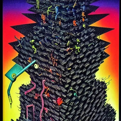 Image similar to dark black void filled with neon energy, extremely detailed masterpiece by dr. seuss and max ernst