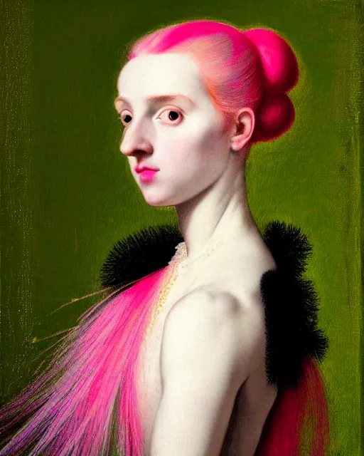 Prompt: photo-realistic portrait of a young pale woman with pink hair, wearing a neon green dress by Vivienne Westwood, intricate details, super-flat, in the style of James Jean, Jean Auguste Dominique Ingres, black background